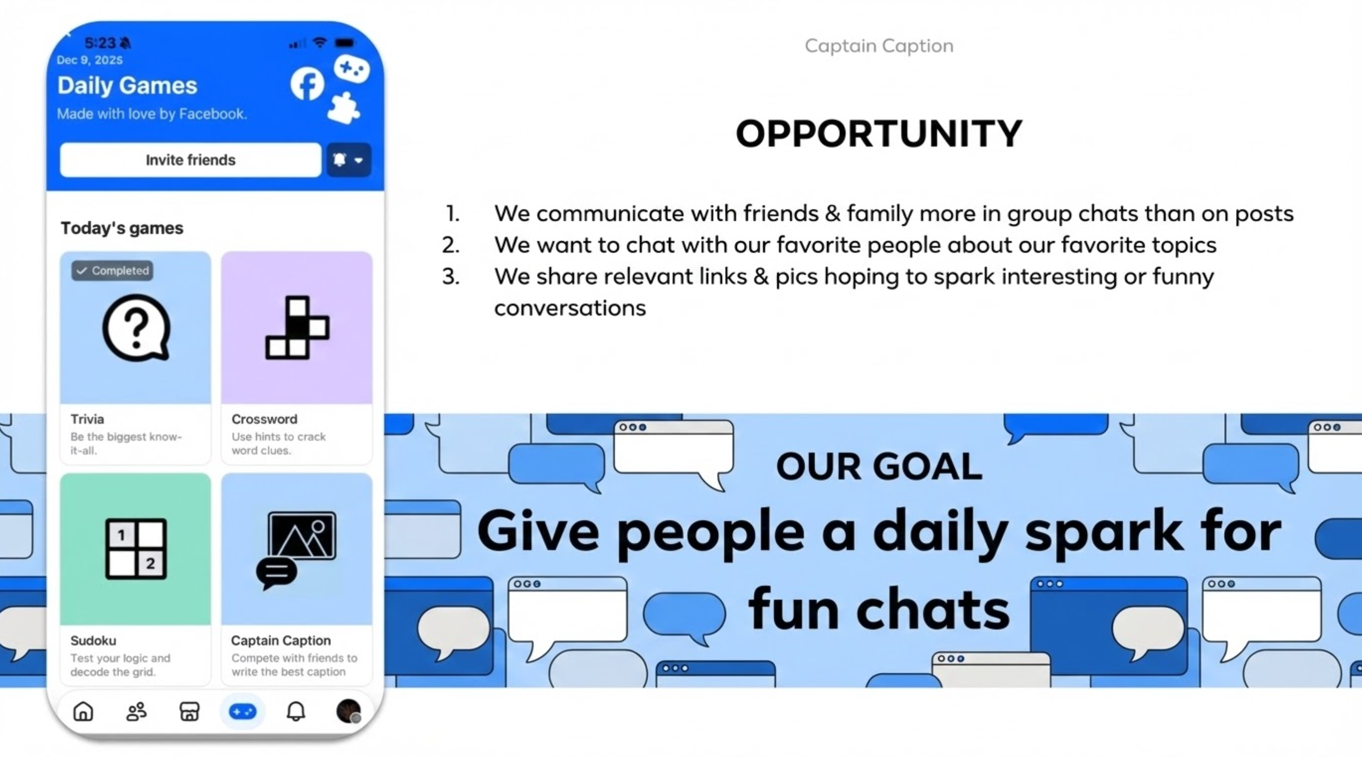 Slide showing Captain Caption inside Facebook Daily Games alongside the opportunity and goal statements