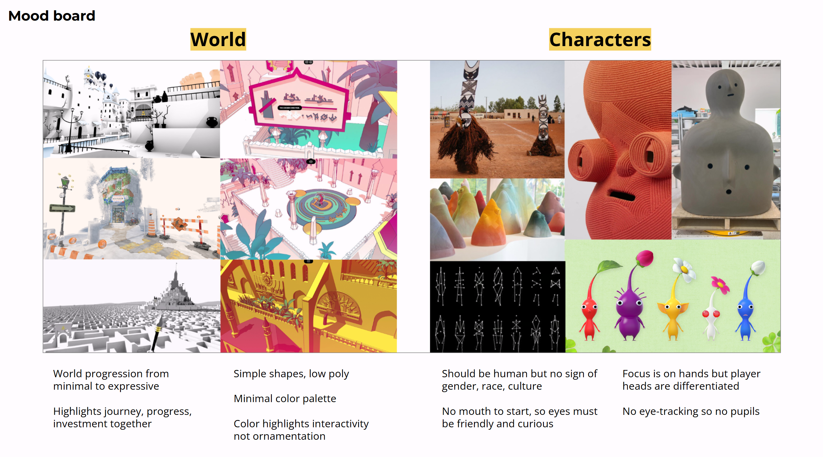 Mood board split into world and character references with notes on progression, simple shapes, and featureless friendly characters