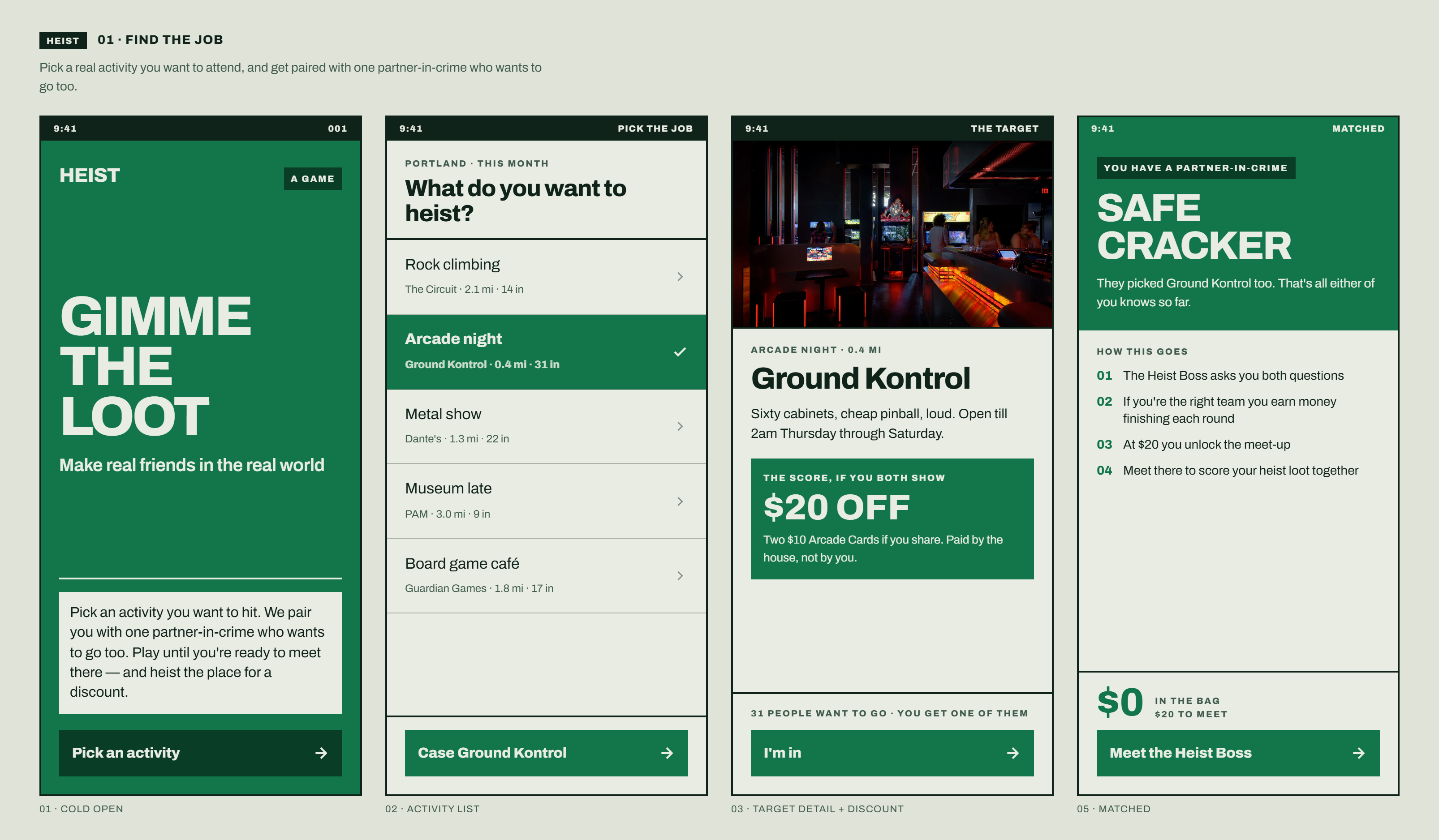 Heist screen flow, step one: pick a real activity and get paired with one partner in crime