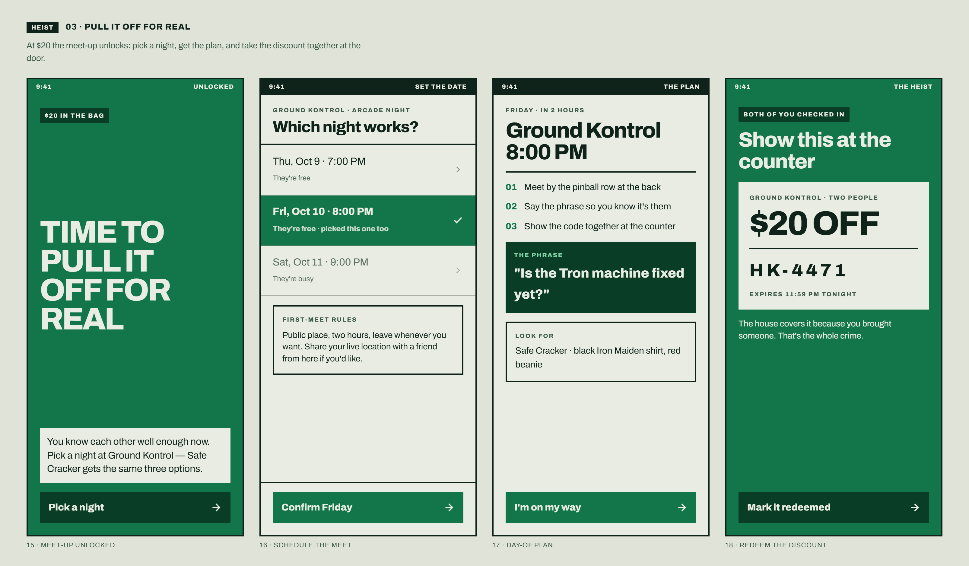 Heist screen flow, step three: the meet-up unlocks, pick a night, get the plan, redeem the discount together