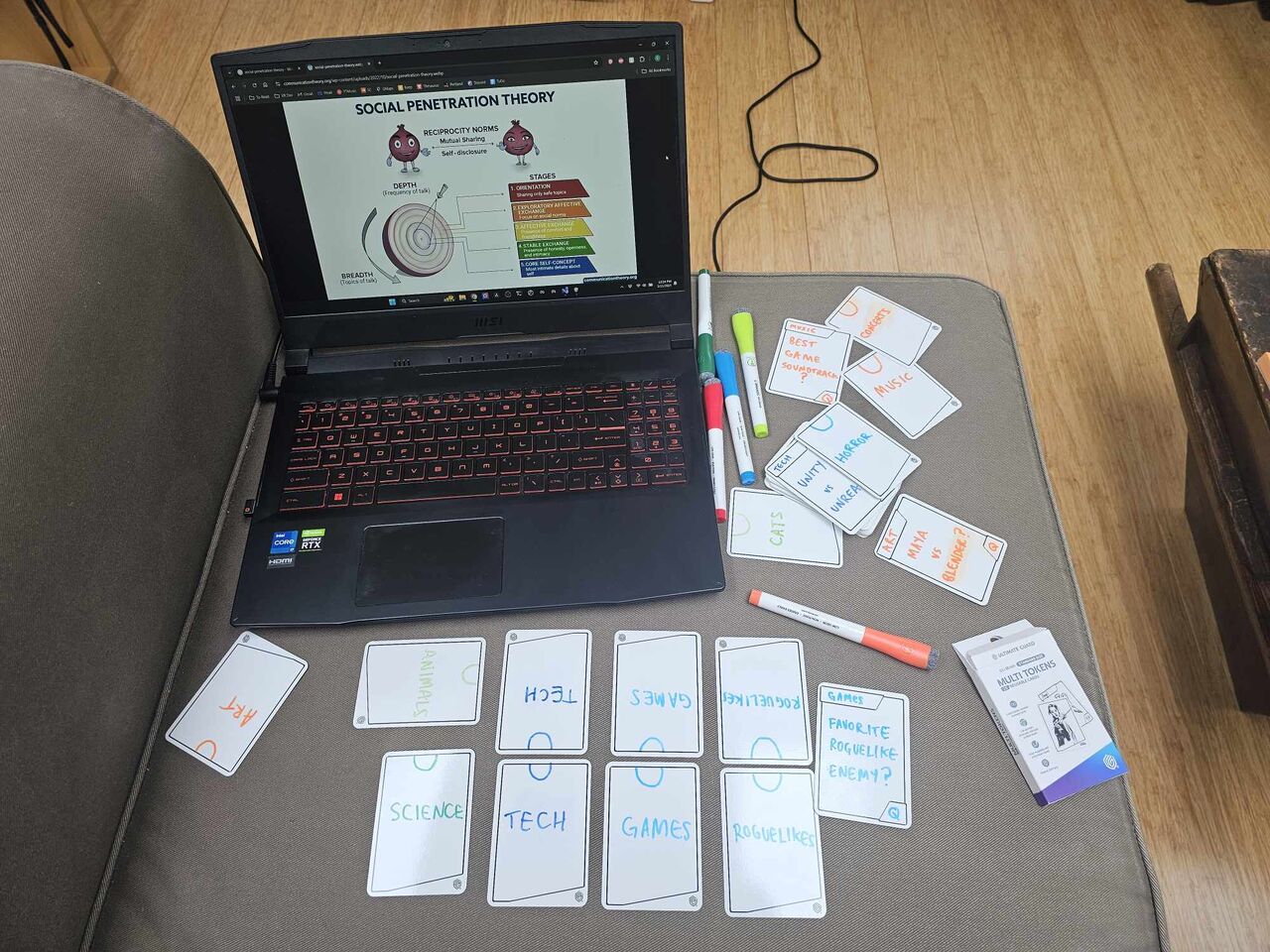 Hand-drawn whiteboard prompt cards spread beside a laptop showing a social penetration theory diagram