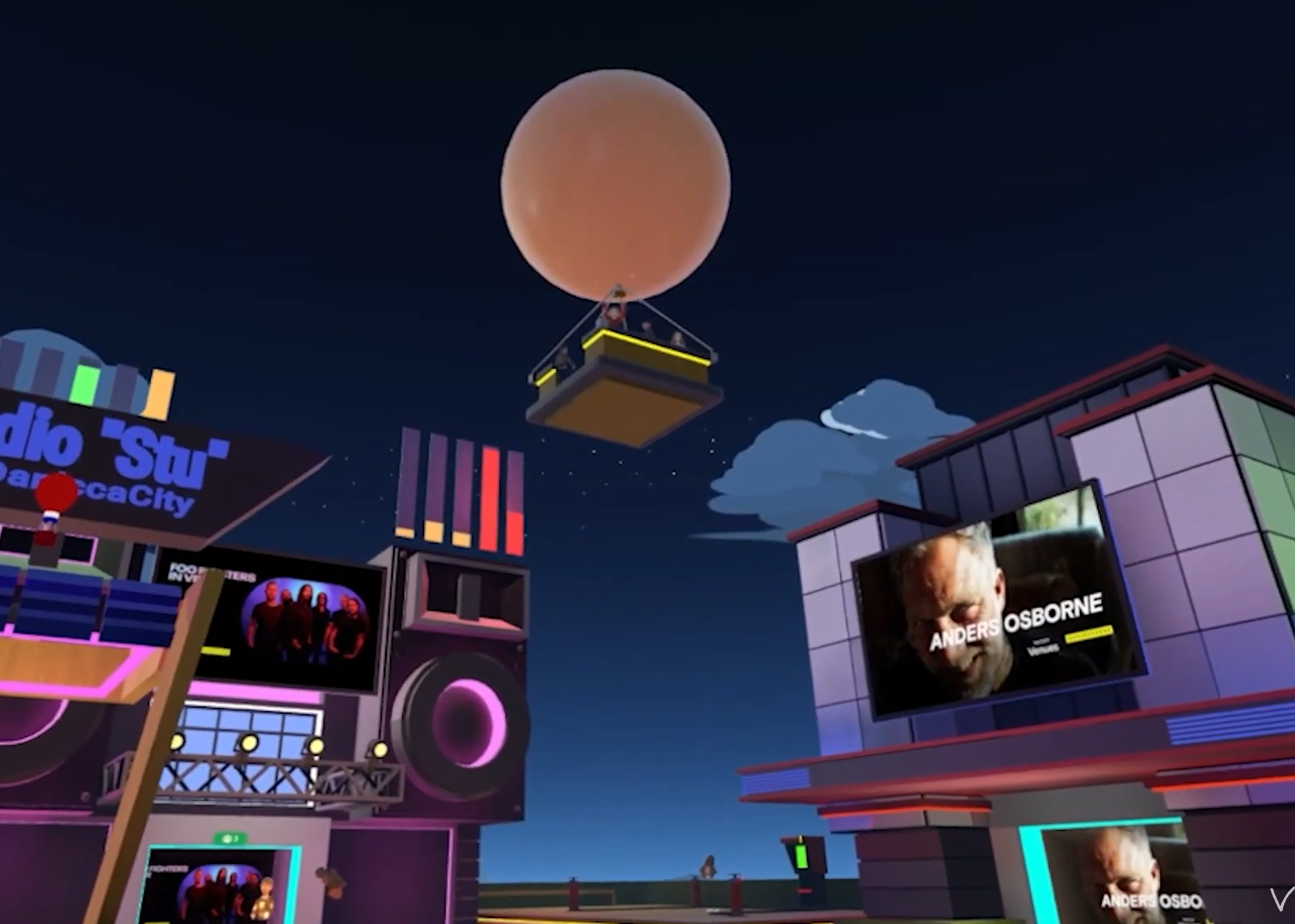 The Venues hot air balloon floating over the plaza at night with a few avatars in the basket