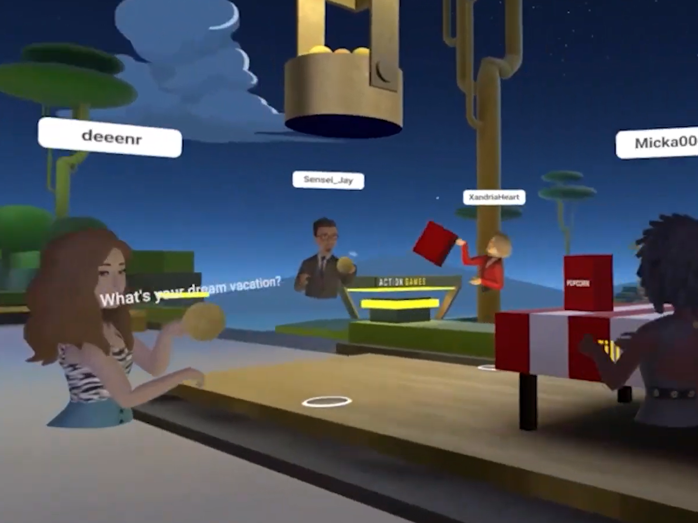 Two avatars at the Venues popcorn machine, one holding a kernel with the prompt what is your dream vacation floating between them